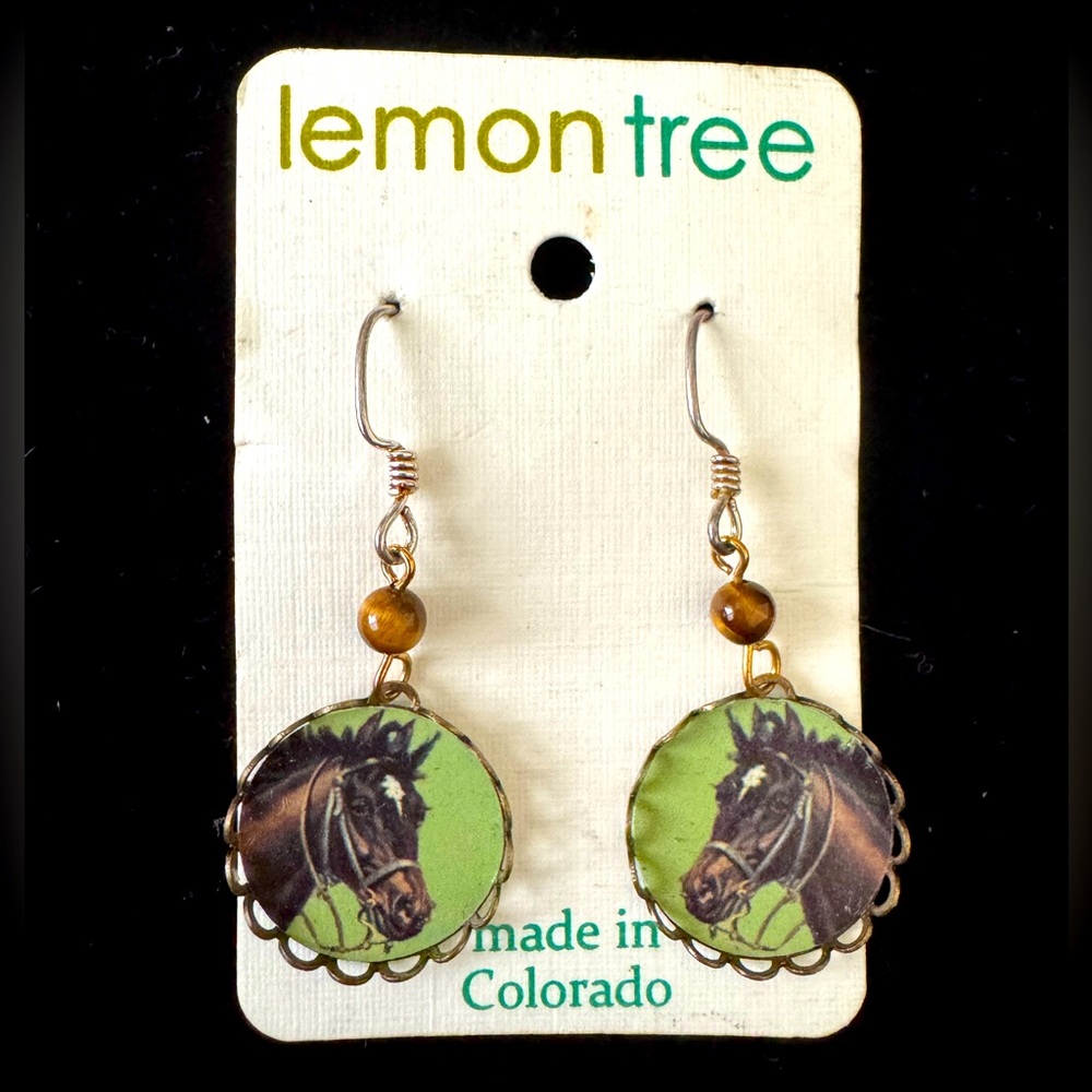Handmade Tigers Eye Antiqued Gold Horse Earrings